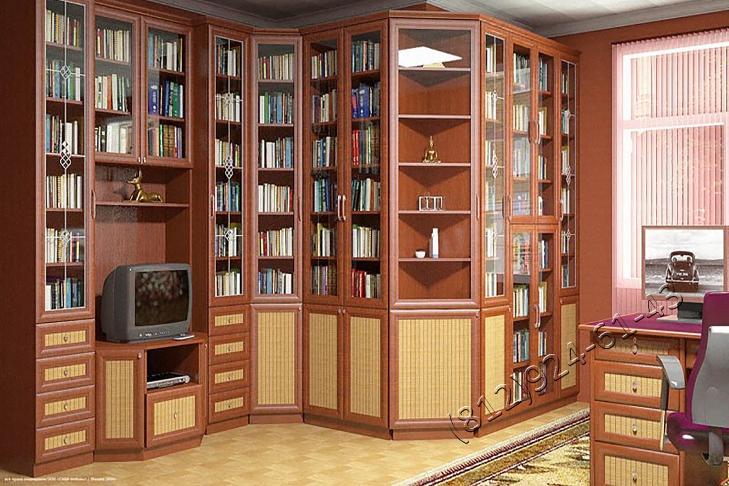 Рид мастер. Книжный шкаф с угловым элементом. Монолит мебель библиотеки стеллажи. Индивидуальная мебель портфолио. Библиотечные секции из массива вишни.